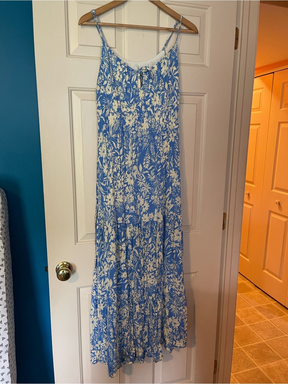 Blue & White Floral Tiered Midi Dress | Cottagecore Boho Sundress | Adjustable - Picture 4 of 9